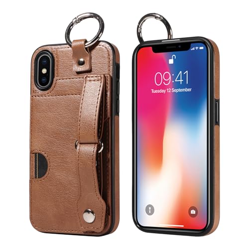 JZ PU Leather Protective Fall Kompatibel mit iPhone X/iPhone XS - Premium Leather with Wristband Finger Holder Stand Kickstand Shockproof Card Slot Cover- Brown von JZ