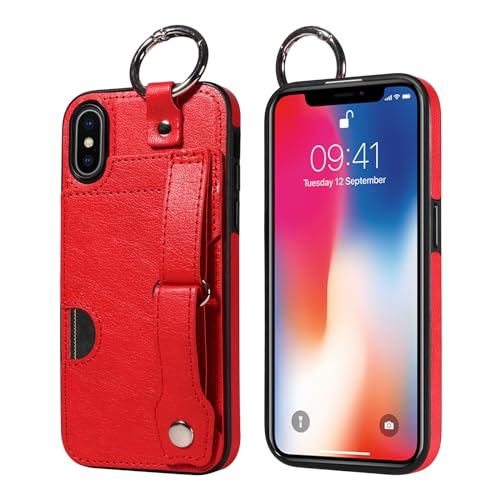JZ PU Leather Protective Fall Kompatibel mit iPhone X/iPhone XS - Premium Leather with Wristband Finger Holder Stand Kickstand Shockproof Card Slot Cover- Red von JZ