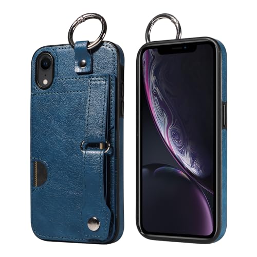 JZ PU Leather Protective Fall Kompatibel mit iPhone XS Max - Premium Leather with Wristband Finger Holder Stand Kickstand Shockproof Card Slot Cover- Blue von JZ