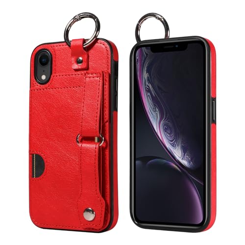 JZ PU Leather Protective Fall Kompatibel mit iPhone XS Max - Premium Leather with Wristband Finger Holder Stand Kickstand Shockproof Card Slot Cover- Red von JZ