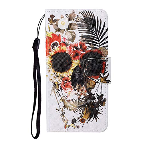 JZ Painted Design Wallet Hülle for Für Huawei P30 Pro Flip Cover with [Stand][Wrist Strap] - Skull Flower von JZ