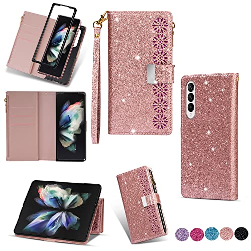 JZ Rose Gold - Luxus Glitzer Geldbörse Fall für Samsung Galaxy Z Fold 3，Shiny Design Slim Bling Bumper Magnetic Shockproof Handyhülle Cover Mit Kartensteckplatz von JZ