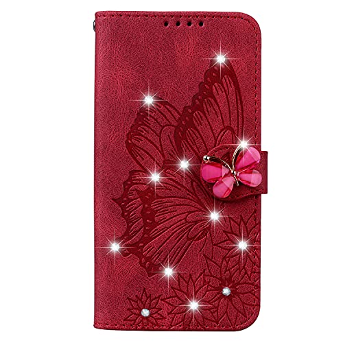 JZ for Für Xperia 10 II Diamond Retro Butterfly Hülle Flower Wallet Flip Cover for Für Sony Xperia 10 II - Red von JZ