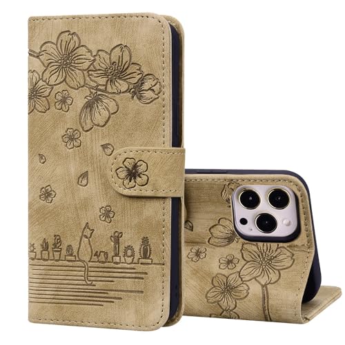 JZ iPhone12 Pro Max Cherry Blossom Cat Kunstleder Flip Cover Geldbörse Fall [Handgelenkriemen][Kartenhalter][Kickstand] Für iPhone 12 Pro Max Case - Brown von JZ
