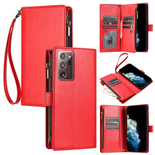 JZASES Hülle für Samsung Galaxy Note 20 Ultra, 9 Kartenfach Reißverschluss Brieftasche Handyhülle, Stoßfeste Schutzhülle Kompatibel mit Samsung Note 20 Ultra, Rot von JZASES