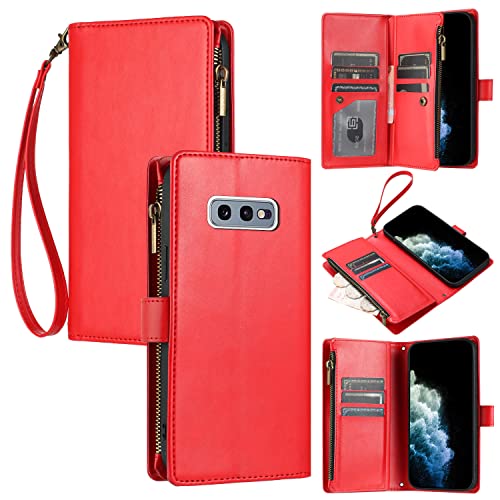 JZASES Hülle für Samsung Galaxy S10e, 9 Kartenfach Reißverschluss Brieftasche Handyhülle, Stoßfeste Schutzhülle Kompatibel mit Samsung S10e, Rot von JZASES