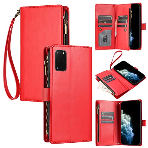 JZASES Hülle für Samsung Galaxy S20 Plus, 9 Kartenfach Reißverschluss Brieftasche Handyhülle, Stoßfeste Schutzhülle Kompatibel mit Samsung S20 Plus, Rot von JZASES