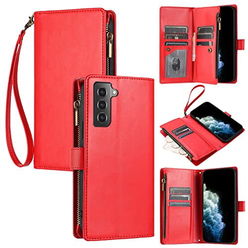 JZASES Hülle für Samsung Galaxy S21, 9 Kartenfach Reißverschluss Brieftasche Handyhülle, Stoßfeste Schutzhülle Kompatibel mit Samsung S21, Rot von JZASES