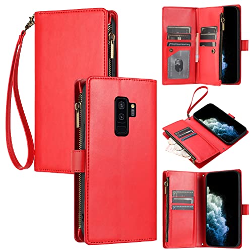 JZASES Hülle für Samsung Galaxy S9 Plus, 9 Kartenfach Reißverschluss Brieftasche Handyhülle, Stoßfeste Schutzhülle Kompatibel mit Samsung S9 Plus, Rot von JZASES
