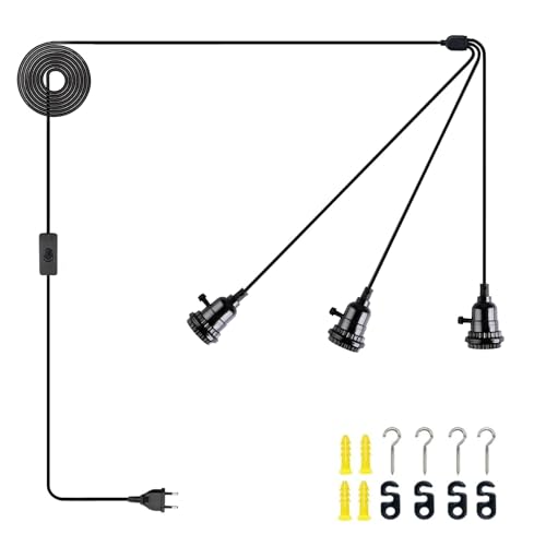 JZCDR Pendelleuchte mit Stecker 3-Flammig Hängelampe mit Stecken und Schalter Lampenfassung E27 mit Kabel 6,3M Lampenkabel Vintage DIY Hängeleucht für Esszimmer Schlafzimmer Loft, Ohne Glühbirne von JZCDR