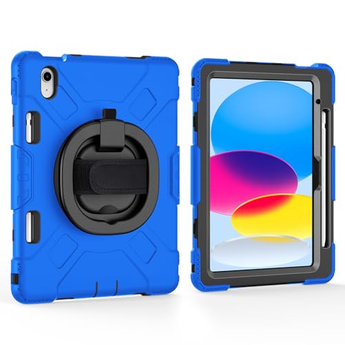 JZCZMCE Hülle für iPad 10. Generation (10,9 Zoll, 2022), [360 Drehbare Handschlaufe], Robuste TPU-Schutzhülle Mit Griff, Hand- Und Schultergurt Und Stifthalter,Blau von JZCZMCE