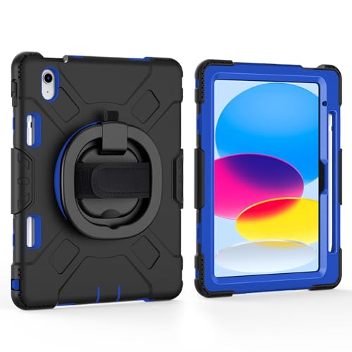 JZCZMCE Hülle für iPad 10. Generation (10,9 Zoll, 2022), [360 Drehbare Handschlaufe], Robuste TPU-Schutzhülle Mit Griff, Hand- Und Schultergurt Und Stifthalter,Dark Blue von JZCZMCE
