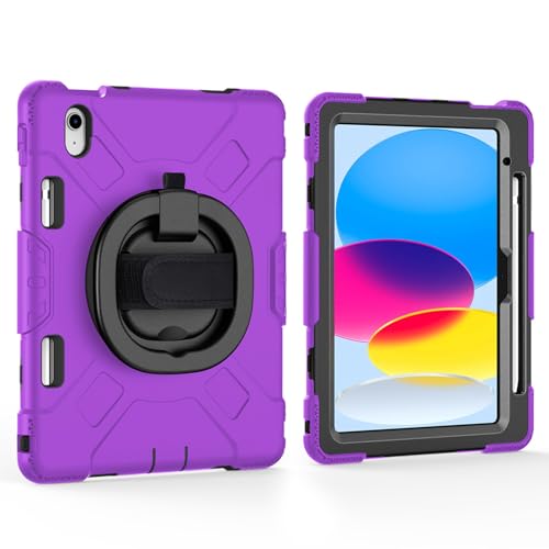 JZCZMCE Hülle für iPad 10. Generation (10,9 Zoll, 2022), [360 Drehbare Handschlaufe], Robuste TPU-Schutzhülle Mit Griff, Hand- Und Schultergurt Und Stifthalter,Lila von JZCZMCE