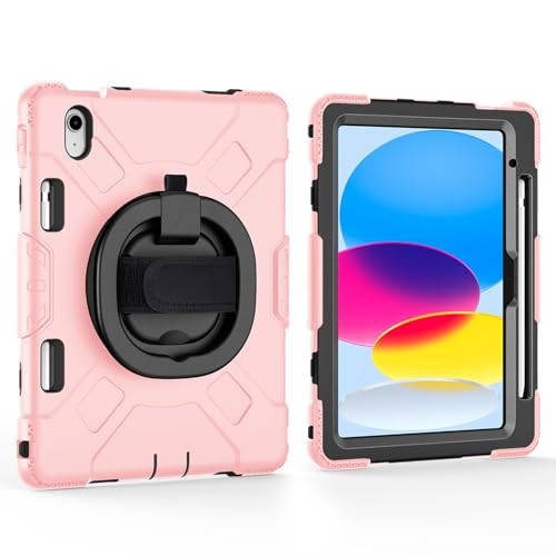JZCZMCE Hülle für iPad 10. Generation (10,9 Zoll, 2022), [360 Drehbare Handschlaufe], Robuste TPU-Schutzhülle Mit Griff, Hand- Und Schultergurt Und Stifthalter,Rosa von JZCZMCE