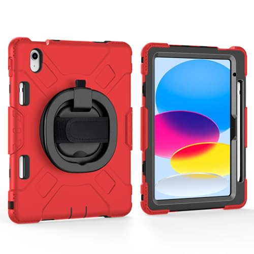 JZCZMCE Hülle für iPad 10. Generation (10,9 Zoll, 2022), [360 Drehbare Handschlaufe], Robuste TPU-Schutzhülle Mit Griff, Hand- Und Schultergurt Und Stifthalter,Rot von JZCZMCE