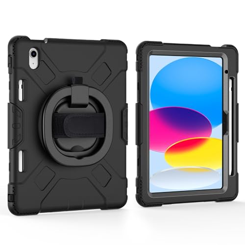JZCZMCE Hülle für iPad 10. Generation (10,9 Zoll, 2022), [360 Drehbare Handschlaufe], Robuste TPU-Schutzhülle Mit Griff, Hand- Und Schultergurt Und Stifthalter,Schwarz von JZCZMCE