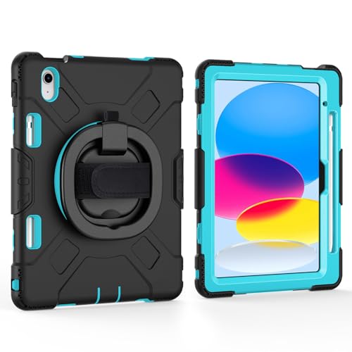 JZCZMCE Hülle für iPad 10. Generation (10,9 Zoll, 2022), [360 Drehbare Handschlaufe], Robuste TPU-Schutzhülle Mit Griff, Hand- Und Schultergurt Und Stifthalter,Sky Blue von JZCZMCE