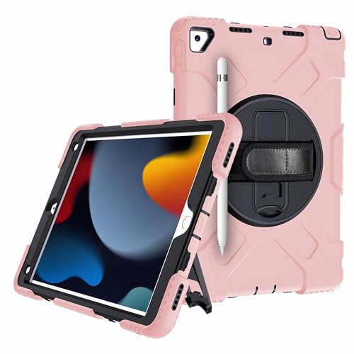 JZCZMCE Hülle für iPad 9th/8th/7th Gen 10.2"/Air 3rd Gen/Pro 10.5", [360 Drehbare Handschlaufe], Robuste TPU-Schutzhülle Mit Griff, Hand- Und Schultergurt Und Stifthalter,Rosa von JZCZMCE