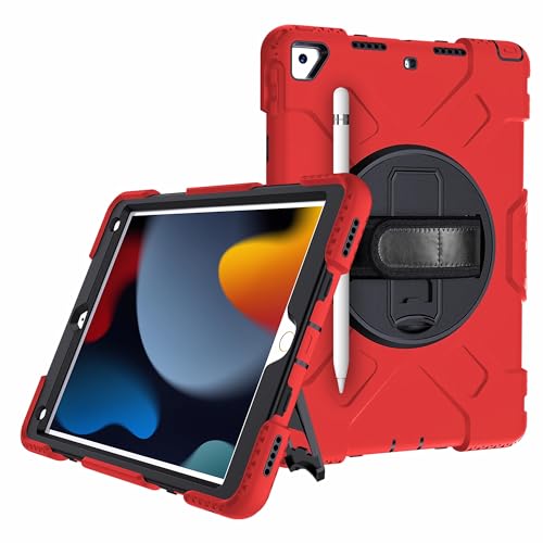 JZCZMCE Hülle für iPad 9th/8th/7th Gen 10.2"/Air 3rd Gen/Pro 10.5", [360 Drehbare Handschlaufe], Robuste TPU-Schutzhülle Mit Griff, Hand- Und Schultergurt Und Stifthalter,Rot von JZCZMCE
