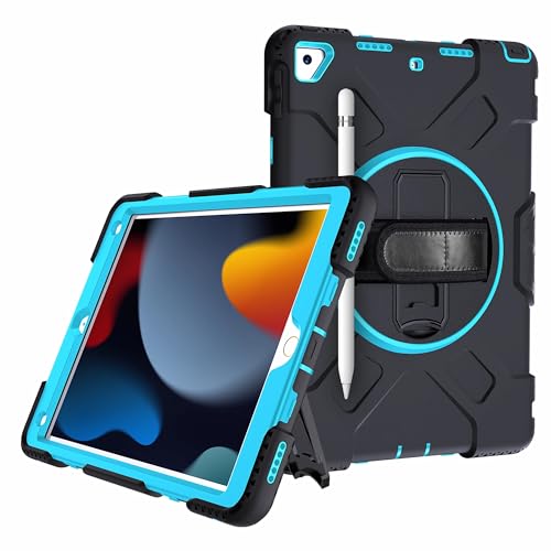 JZCZMCE Hülle für iPad 9th/8th/7th Gen 10.2"/Air 3rd Gen/Pro 10.5", [360 Drehbare Handschlaufe], Robuste TPU-Schutzhülle Mit Griff, Hand- Und Schultergurt Und Stifthalter,Sky Blue von JZCZMCE