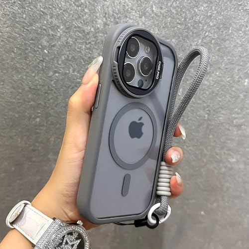 JZFDCLF Faltbare, magnetische Schutzhülle mit Glaslinsenständer für iPhone 16 15 14 13 11 12 Pro Max Plus, Handgelenksschlaufe, stoßfeste Hülle, grau, für iPhone 12 Pro von JZFDCLF
