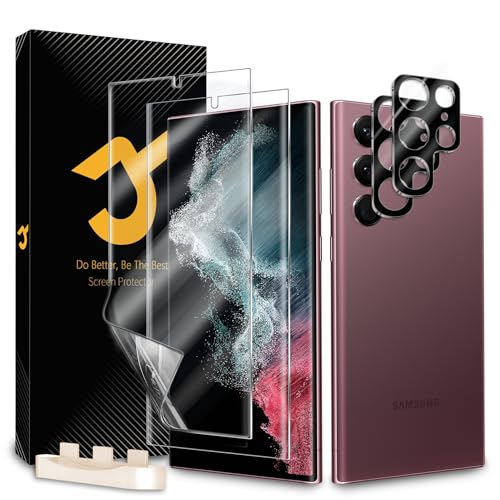 2 + 2 Stück Displayschutzfolie für Samsung Galaxy S22 Ultra, 2 Stück [kein Glas], 2 Stück Kameralinsenschutz, unterstützt Fingerabdruck-Entsperrung, blasenfrei, hüllenfreundlich, selbstheilend für S22 von JZG