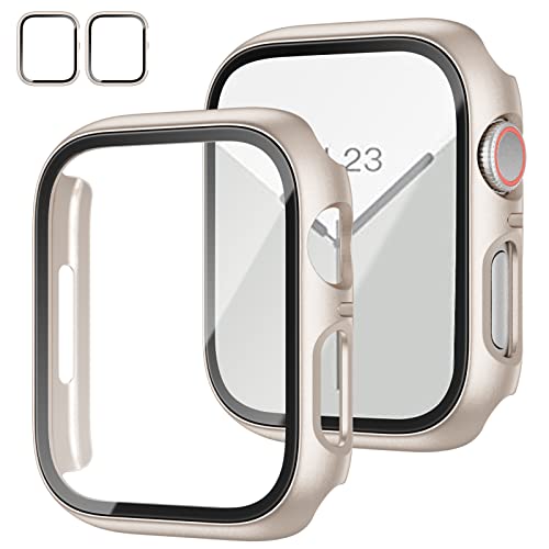 2 Stück Gehäuse mit Displayschutzfolie aus gehärtetem Glas für Apple Watch Series 9/8/7 41mm, Slim Guard Bumper Full Coverage Hard PC Protective Cover Thin Case für iWatch Zubehör, Sternenlicht von JZK