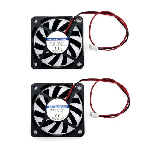 JZK 2 Stück 60 x 60 x 10 mm 2-Poliger DC 12V Mini-Lüfter Mit Kabel - 6010 Kleiner Leiser 60mm 6cm Miniatur-Bürstenloser DC-Lüfter für 3D-Drucker und Kühlkörper von JZK