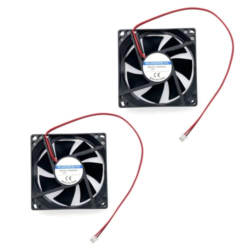 JZK 2 Stück 80x80x25mm 2pin DC 12V kleiner Lüfter mit Kabeln 8025 Lüfter 80mm PC-Gehäuselüfter 8cm DC bürstenloser Lüfter 12V, PC-Computergehäuselüfter, 3D-Druckerlüfter mit Kabel von JZK