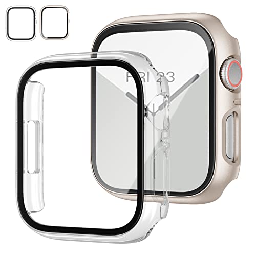 JZK 2-Stück Hard Hülle mit Glas Displayschutz Kompatibel mit Apple Watch (2023) Series 9 Series 8 Series 7 45mm, Rundum Schutzhülle HD Ultradünne PC Schutz Case für iWatch S9/S8/S7 von JZK