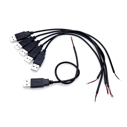 JZK 6 Stück 2-adriges USB 2.0-Kabel, USB-Stecker, 30 cm, 2 abisolierte Kabelenden zum Löten und Schweißen, USB-Kabelrate 12 V, 3 A von JZK