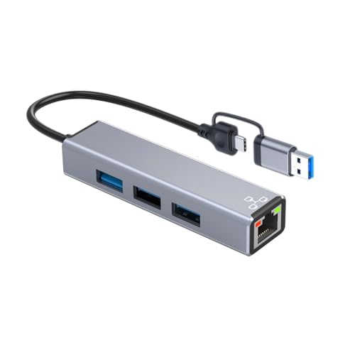 JZK Aluminium USB 3.0 Hub mit RJ45 100 Mbit/s Ethernet LAN Netzwerkadapter, 3 Port USB Splitter mit USB A und USB C für Mac Chromebook Ultrabook von JZK