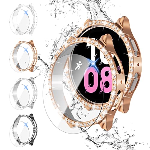 JZK Glitzer Diamanten Hülle für Galaxy Watch 5 Galaxy Watch 4,【4+4 Stück】4 Hart PC Schutzhülle und 4 HD Gehärtetes Displayschutz Folie,Damen Smartwatch Zubehör für Samsung Watch 5 Samsung Watch 4 44mm von JZK