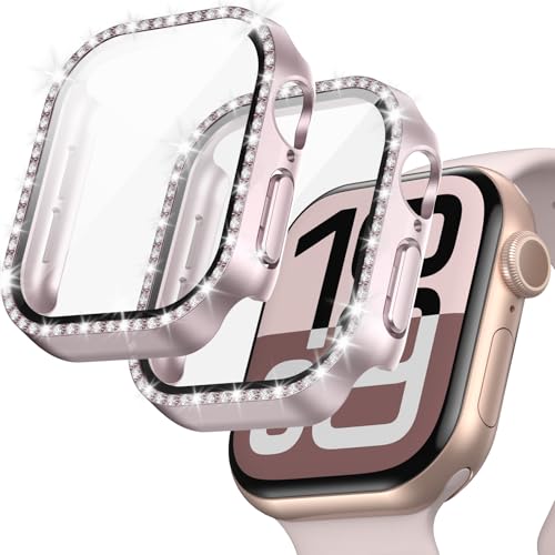 JZK Glitzer-Schutzhülle mit gehärtetem Glas für Apple Watch Serie 10, 42 mm, Displayschutzfolie, Glitzer-Diamant-Strass, Bumper, Kristallabdeckung für Apple Watch 10, 42 mm, Zubehör, Roségold, 2 Stück von JZK