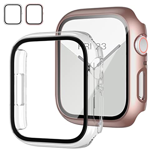 JZK Hard Hülle mit Glas Displayschutz Kompatibel mit Apple Watch (2023) Series 9 Series 8 Series 7 41mm, PC Schutz Case für iWatch S9/S8/S7, Roségold/Klar von JZK