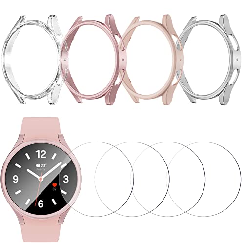 JZK Hülle Kompatibel für Galaxy Watch 4 44mm【4+4 Stück】 4 Hart PC Schutz Hülle und 4 HD Gehärtetes Displayschutz Folie für Samsung Galaxy Watch 4 44mm Schutzhülle(klar/roségold/pink/Silber) von JZK