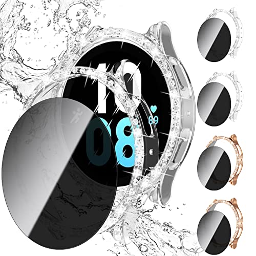 JZK Sichtschutz für Galaxy Watch 5 Galaxy Watch 4 40mm,【4+4 Stück】 Anti Spy Panzerglas und Hart PC Bling Diamanten Schutzhülle,Smartwatch Zubehör für Samsung Watch 5 Samsung Watch 4 Hülle Damen von JZK
