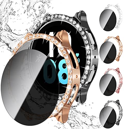 JZK Sichtschutz für Galaxy Watch 5 Galaxy Watch 4 44mm,【4+4 Stück】 Anti Spy Panzerglas und Hart PC Bling Diamanten Schutzhülle,Smartwatch Zubehör für Samsung Watch 5 Samsung Watch 4 Hülle Damen von JZK