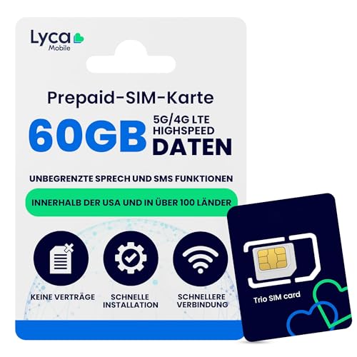 Lycamobile 30 Tage Prepaid-SIM-Karte für Mobiltelefone, 60 GB Highspeed-4G-LTE/5G-Daten, Internationale Gespräche und SMS in über 100 Länder, schnelle Aktivierung, 3-in-1-Dreifachschnitt Lycamobile 30 Tage Prepaid-SIM-Karte für Mobiltelefone, 60 GB Highspeed-4G-LTE/5G-Daten, Internationale Gespräche und SMS in über 100 Länder, schnelle Aktivierung, 3-in-1-Dreifachschnitt von JZN Market