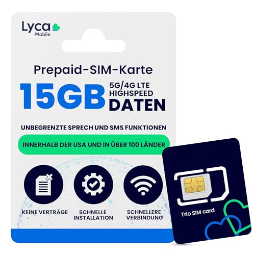 Lycamobile 90-Tage-Prepaid-SIM-Karte für Mobiltelefone, 15 GB Highspeed-4G-LTE/5G-Daten, Internationale Gespräche und SMS in über 100 Länder, schnelle Aktivierung, 3-in-1-Dreifachschnitt Lycamobile 90-Tage-Prepaid-SIM-Karte für Mobiltelefone, 15 GB Highspeed-4G-LTE/5G-Daten, Internationale Gespräche und SMS in über 100 Länder, schnelle Aktivierung, 3-in-1-Dreifachschnitt von JZN Market