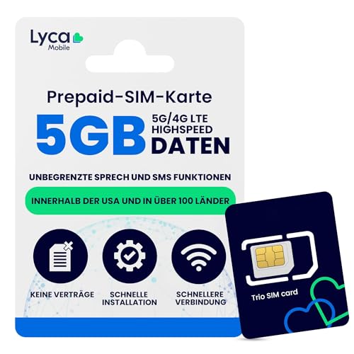 Lycamobile 90 Tage Prepaid-SIM-Karte für Mobiltelefone, 5 GB Highspeed-4G-LTE/5G-Daten, Internationale Gespräche und SMS in über 100 Länder, schnelle Aktivierung, 3-in-1-Dreifachschnitt Lycamobile 90 Tage Prepaid-SIM-Karte für Mobiltelefone, 5 GB Highspeed-4G-LTE/5G-Daten, Internationale Gespräche und SMS in über 100 Länder, schnelle Aktivierung, 3-in-1-Dreifachschnitt von JZN Market