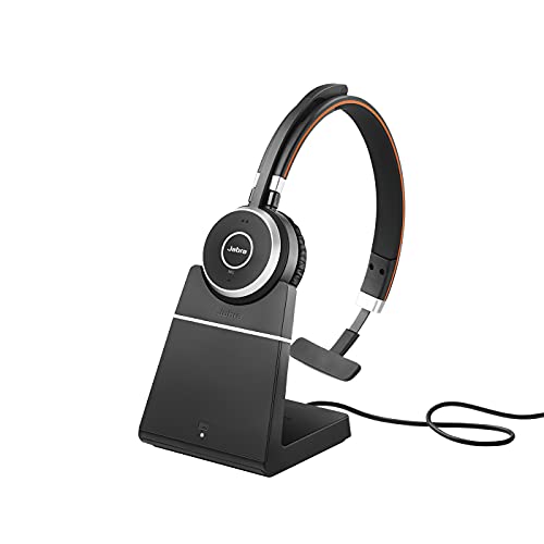 Jabra Evolve 65 Wireless Mono On-Ear Headset – Unified Communications Optimised Headphones with Long-Lasting Battery and Charging Stand – USB Bluetooth Adapter – black von Jabra