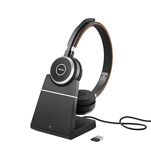 Jabra Evolve 65 Wireless Stereo On-Ear Headset – Unified Communications Optimised Headphones with Long-Lasting Battery and Charging Stand – USB Bluetooth Adapter – black von Jabra