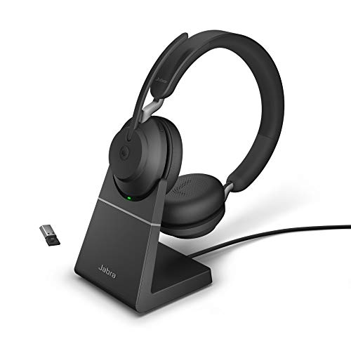 Jabra Evolve2 65 Wireless PC Headset with Charging Stand – Noise Cancelling Microsoft Teams Certified Stereo Headphones With Long-Lasting Battery – USB-A Bluetooth Adapter – Black von Jabra