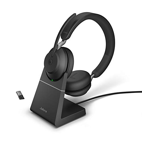 Jabra Evolve2 65 Wireless PC Headset with Charging Stand – Noise Cancelling Microsoft Teams Certified Stereo Headphones with Long-Lasting Battery – USB-A Bluetooth Adapter – Black von Jabra