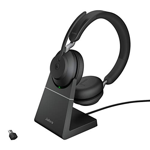 Jabra Evolve2 65 Wireless PC Headset with Charging Stand – Noise Cancelling Microsoft Teams Certified Stereo Headphones With Long-Lasting Battery – USB-C Bluetooth Adapter – Black von Jabra