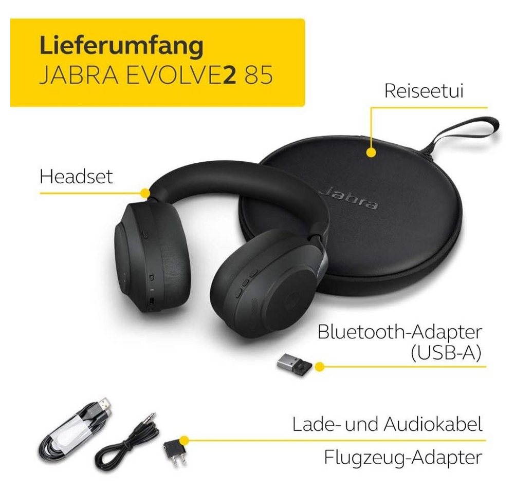 Jabra Evolve2 85 PC-Headset (HearThrough/Noise Cancellation, Bluetooth, MS Stereo, Wireless, Microsoft Teams, USB-A, Schwarz) von Jabra