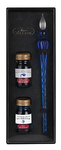 Jacques Herbin 29313T - Coffret avec 2 encres10 ml, Bleu des profondeurs, et Bleu pervenche et une plume de verre outremer. Fabriqué en France. von Jacques Herbin