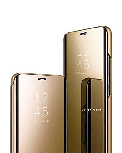 Jacyren Kompatibel Samsung Galaxy A52 Hülle,Leder Flip Case Spiegel Handyhülle Galaxy A52 Schutzhülle 360°Hard PC Transluzent View Miroir Stoßfest Cover Ständer Funktion Tasche Etui A52 (Gold, A52) von Jacyren