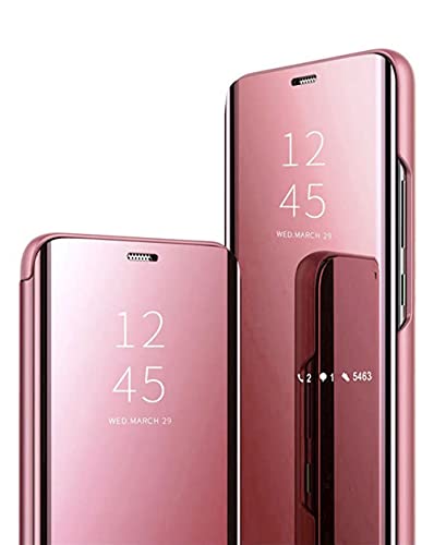 Jacyren Kompatibel Samsung Galaxy S7 Edge Hülle, Leder Flip Case Spiegel Handyhülle S7 Schutzhülle 360°Hard PC Transluzent View Miroir Stoßfest Cover Ständer Funktion Tasche Etui (S7 Edge, Rosa) von Jacyren
